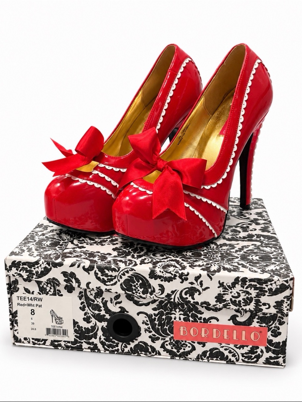 Bordello Red Patent Bow Platform Pumps with Scalloped Trim